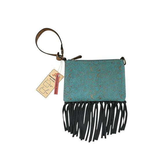 NWT! Justin Turquoise Western Fringe Convertible Mini Shoulder Wristlet Bag - Picture 6 of 6